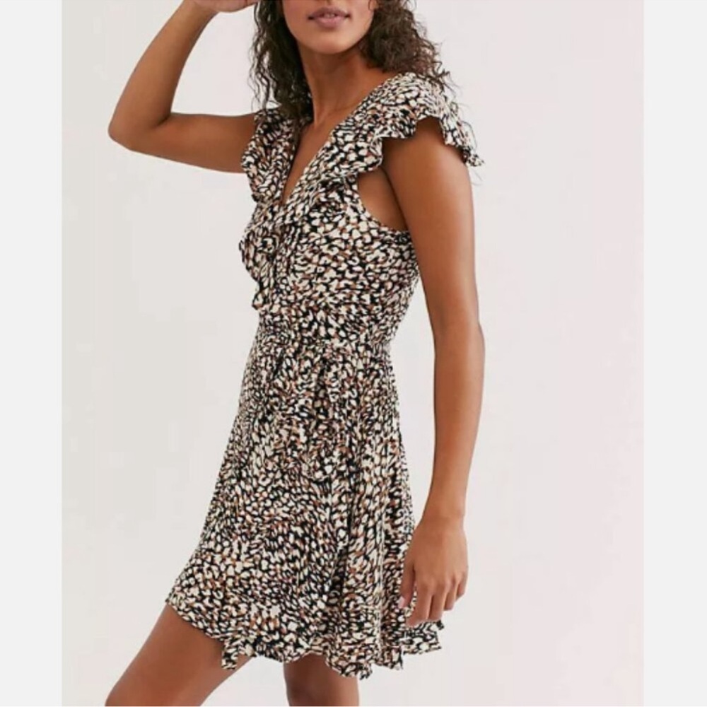 Free people French quarter leopard wrap mini dress ruffle flutter sleeve brown